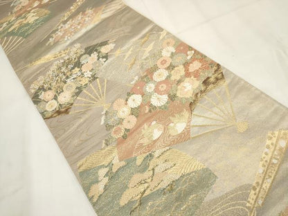平和屋着物◎六通柄袋帯 扇面花鳥文 金銀糸 正絹 逸品 AABG6210wj