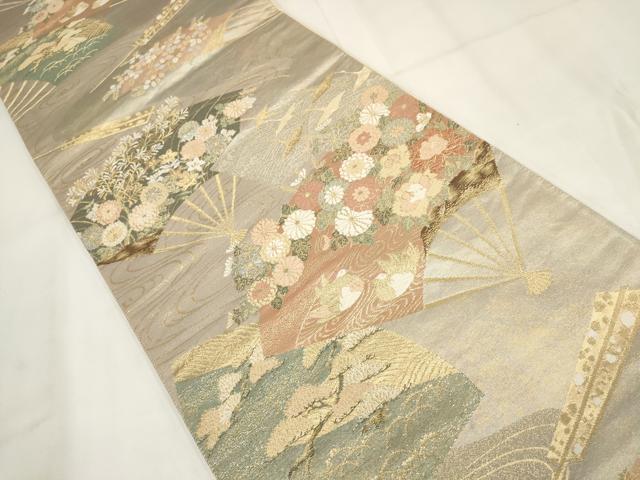平和屋着物◎六通柄袋帯 扇面花鳥文 金銀糸 正絹 逸品 AABG6210wj