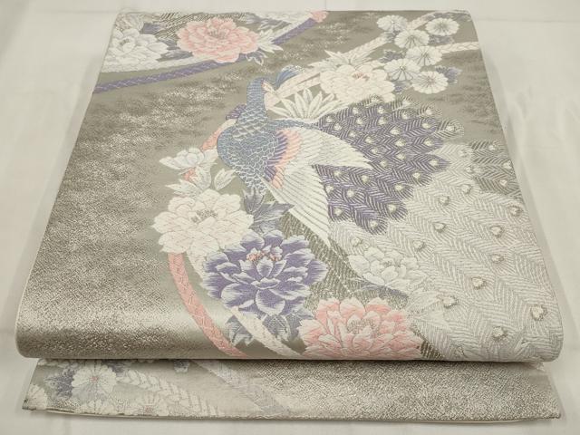 平和屋着物◎六通柄袋帯　唐織　プラチナ箔　楽園の孔雀　銀糸　正絹　逸品　AABG6225wj