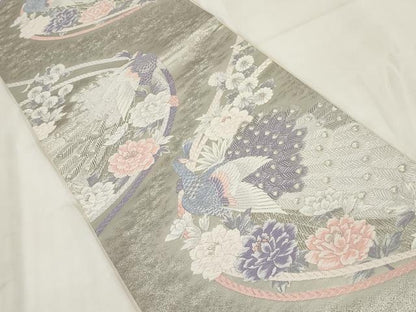 平和屋着物◎六通柄袋帯　唐織　プラチナ箔　楽園の孔雀　銀糸　正絹　逸品　AABG6225wj