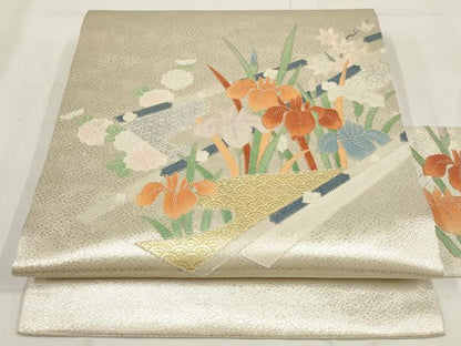 平和屋着物◎中国三大刺繍　相良刺繍　九寸名古屋帯　草花文　金銀彩　正絹　逸品　AABG6231wj