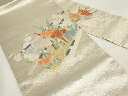 平和屋着物◎中国三大刺繍　相良刺繍　九寸名古屋帯　草花文　金銀彩　正絹　逸品　AABG6231wj