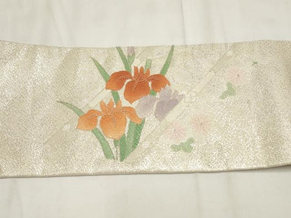 平和屋着物◎中国三大刺繍　相良刺繍　九寸名古屋帯　草花文　金銀彩　正絹　逸品　AABG6231wj
