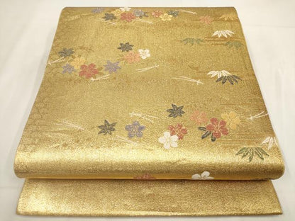 平和屋着物◎西陣 六通柄袋帯 草花文 金糸 証紙付き 正絹 逸品 AABG6252wj