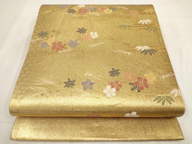 平和屋着物◎西陣 六通柄袋帯 草花文 金糸 証紙付き 正絹 逸品 AABG6252wj