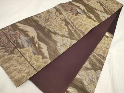 平和屋着物◎六通柄袋帯　遠山風景樹林文　金糸　正絹　逸品　AABG6255wj