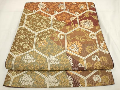 平和屋着物◎六通柄袋帯　切嵌亀甲花文　金糸　正絹　逸品　AABG6264wj