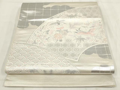 平和屋着物◎太鼓柄袋帯　地紙飛鶴花文　銀彩　正絹　逸品　AABG6281wj