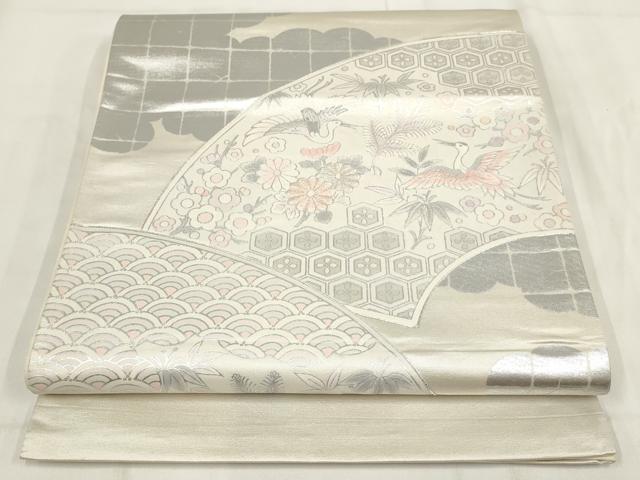 平和屋着物◎太鼓柄袋帯　地紙飛鶴花文　銀彩　正絹　逸品　AABG6281wj