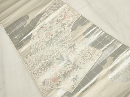 平和屋着物◎太鼓柄袋帯　地紙飛鶴花文　銀彩　正絹　逸品　AABG6281wj
