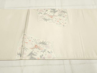 平和屋着物◎太鼓柄袋帯　地紙飛鶴花文　銀彩　正絹　逸品　AABG6281wj