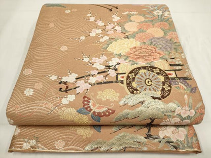 平和屋着物◎六通柄袋帯　花蝶車文　金糸　正絹　逸品　AABG6289wj