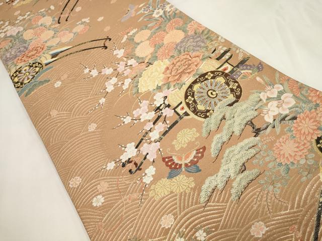 平和屋着物◎六通柄袋帯　花蝶車文　金糸　正絹　逸品　AABG6289wj