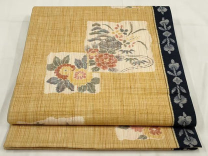 平和屋着物◎全通柄袋帯　色紙草花文　正絹　逸品　AABG6292wj