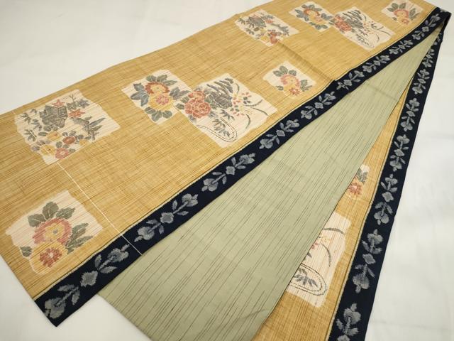 平和屋着物◎全通柄袋帯　色紙草花文　正絹　逸品　AABG6292wj