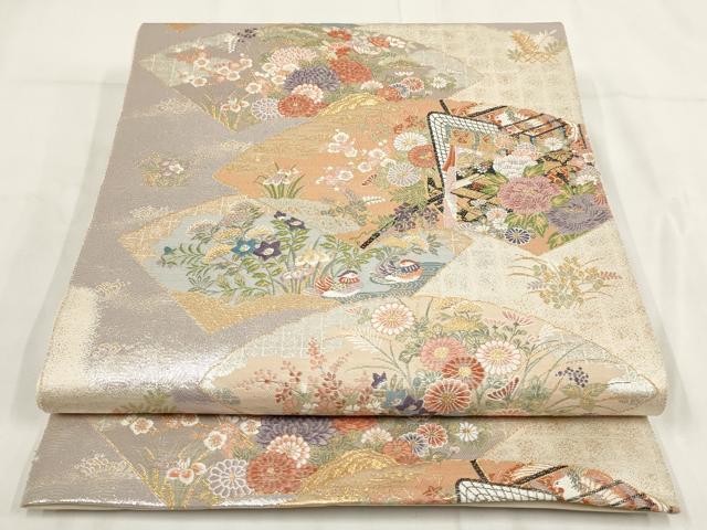 平和屋着物◎六通柄袋帯　御車草花扇面重　金銀糸　正絹　逸品　AABG6299wj