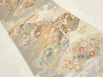 平和屋着物◎六通柄袋帯　御車草花扇面重　金銀糸　正絹　逸品　AABG6299wj