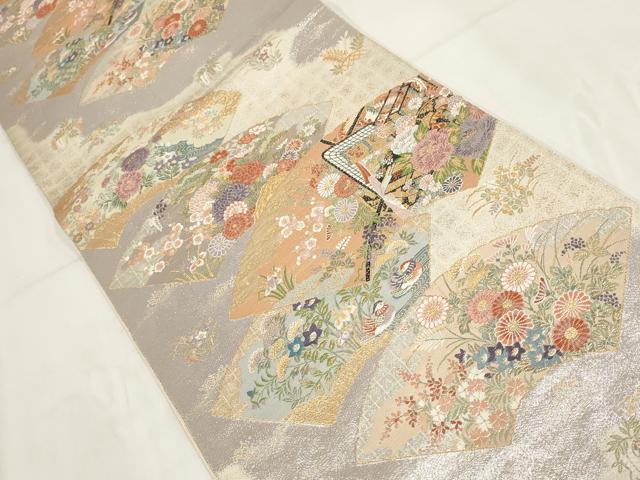 平和屋着物◎六通柄袋帯　御車草花扇面重　金銀糸　正絹　逸品　AABG6299wj