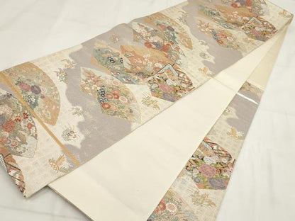 平和屋着物◎六通柄袋帯　御車草花扇面重　金銀糸　正絹　逸品　AABG6299wj
