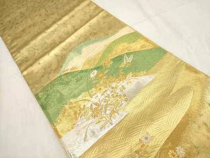 平和屋着物◎太鼓柄袋帯 遠山花文 金銀糸 引箔 正絹 逸品 AABG6317wj