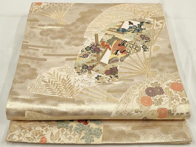 平和屋着物◎六通柄袋帯 遊飛扇面文 金糸 正絹 逸品 AABG6319wj
