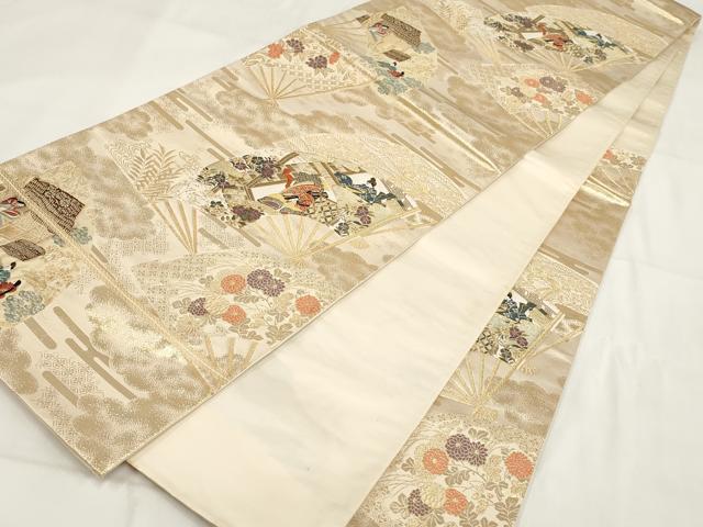 平和屋着物◎六通柄袋帯 遊飛扇面文 金糸 正絹 逸品 AABG6319wj