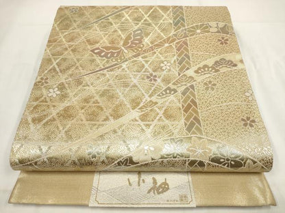 平和屋着物◎六通柄袋帯 花蝶文 金糸 正絹 逸品 AABG6325wj