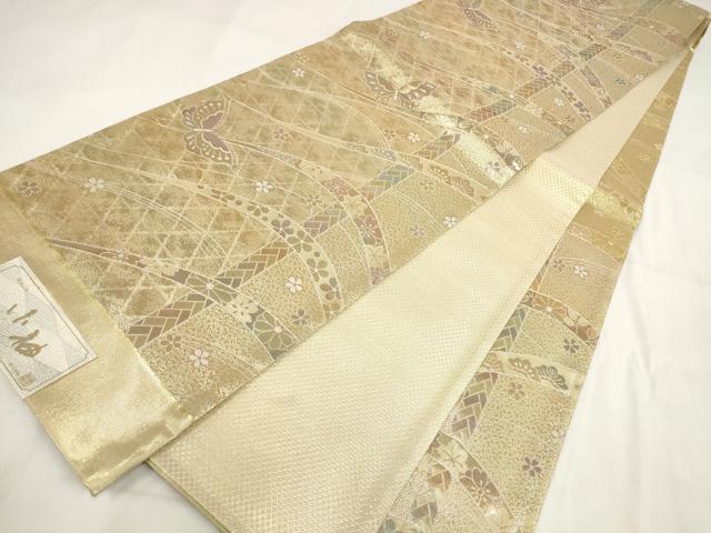 平和屋着物◎六通柄袋帯 花蝶文 金糸 正絹 逸品 AABG6325wj