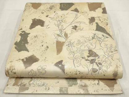 平和屋着物◎六通柄袋帯 草花文 鹿 金糸 正絹 逸品 AABG6328wj