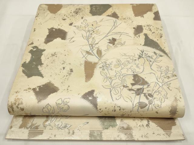 平和屋着物◎六通柄袋帯 草花文 鹿 金糸 正絹 逸品 AABG6328wj