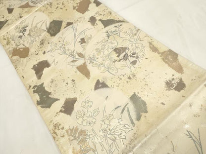 平和屋着物◎六通柄袋帯 草花文 鹿 金糸 正絹 逸品 AABG6328wj