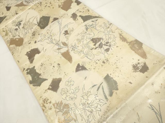 平和屋着物◎六通柄袋帯 草花文 鹿 金糸 正絹 逸品 AABG6328wj