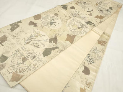 平和屋着物◎六通柄袋帯 草花文 鹿 金糸 正絹 逸品 AABG6328wj