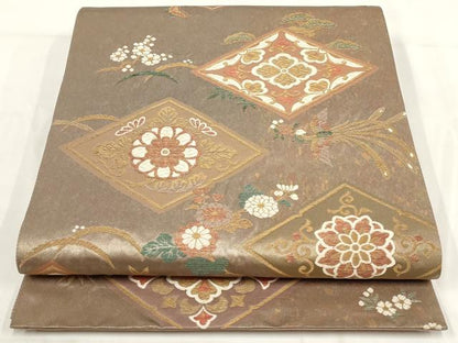 平和屋着物◎六通柄袋帯　花鳥菱文　金糸　正絹　逸品　AABG6332wj