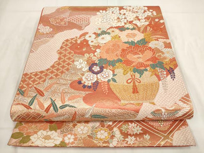 平和屋着物◎六通柄袋帯 霞飾花文 金銀糸 正絹 逸品 AABG6344wj