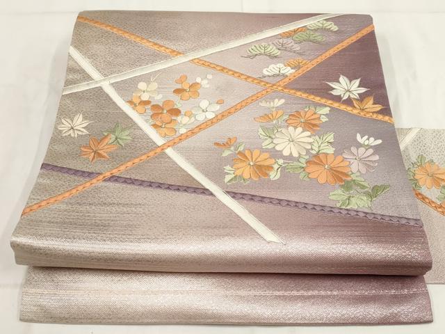 平和屋着物◎九寸名古屋帯 刺繍 草花文 銀糸 正絹 逸品 AABG6357wj