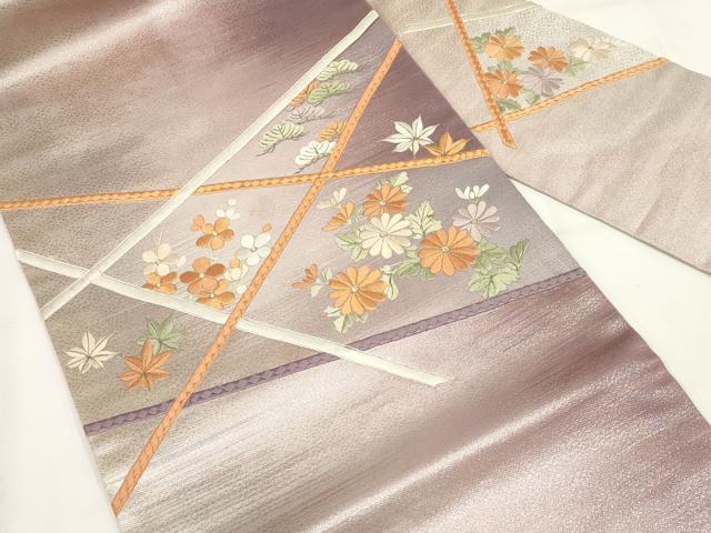 平和屋着物◎九寸名古屋帯 刺繍 草花文 銀糸 正絹 逸品 AABG6357wj