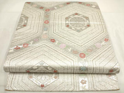 平和屋着物◎六通柄袋帯 亀甲花文 金銀糸 正絹 逸品 AABG6367wj