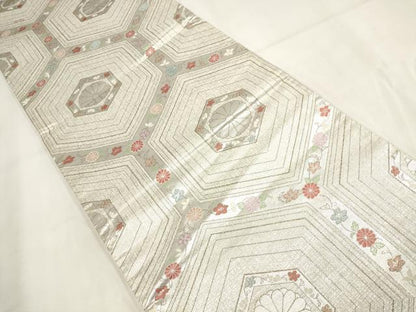 平和屋着物◎六通柄袋帯 亀甲花文 金銀糸 正絹 逸品 AABG6367wj
