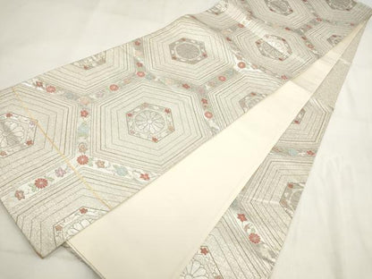 平和屋着物◎六通柄袋帯 亀甲花文 金銀糸 正絹 逸品 AABG6367wj