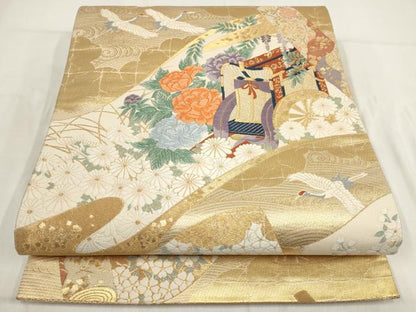 平和屋着物◎六通柄袋帯 唐織 飛鶴御所車花文 平安絵巻 金糸 正絹 逸品 AABG6371wj