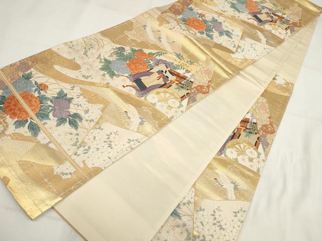 平和屋着物◎六通柄袋帯 唐織 飛鶴御所車花文 平安絵巻 金糸 正絹 逸品 AABG6371wj