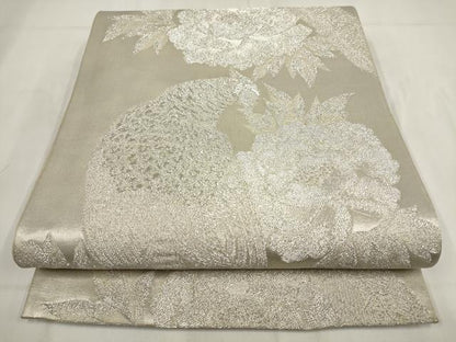 平和屋着物◎六通柄袋帯 花鳥文 銀糸 正絹 逸品 AABG6381wj