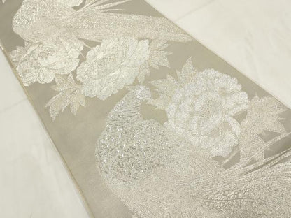 平和屋着物◎六通柄袋帯 花鳥文 銀糸 正絹 逸品 AABG6381wj