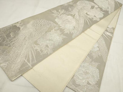 平和屋着物◎六通柄袋帯 花鳥文 銀糸 正絹 逸品 AABG6381wj