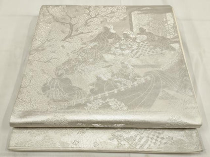 平和屋着物◎六通柄袋帯 人物風景文 銀糸 正絹 逸品 AABG6383wj