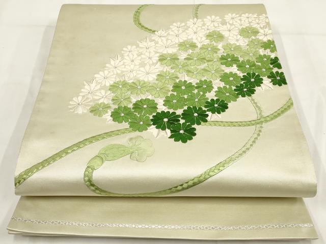平和屋着物◎太鼓柄袋帯 刺繍 花尽くし 銀糸 正絹 逸品 AABG6384wj