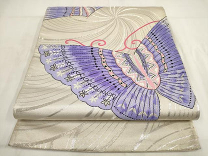 平和屋着物◎六通柄袋帯　舞蝶文　銀糸　正絹　逸品　AABG6387wj