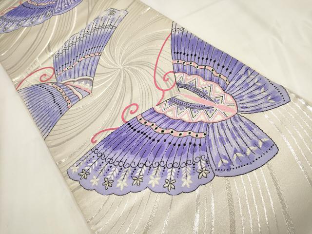 平和屋着物◎六通柄袋帯　舞蝶文　銀糸　正絹　逸品　AABG6387wj