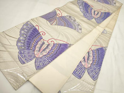 平和屋着物◎六通柄袋帯　舞蝶文　銀糸　正絹　逸品　AABG6387wj